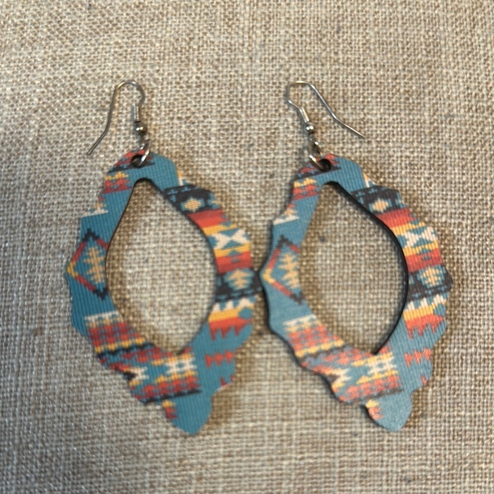 Boho Patterned/Aztec Pattern Turquoise Wood Drop Earrings